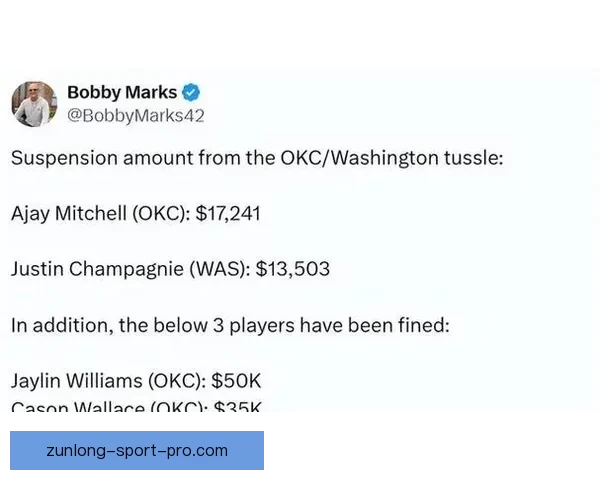 NBA官方公布奇才雷霆冲突处罚决定米切尔尚帕涅各禁赛一场引发热议